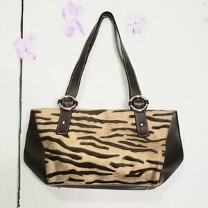 Puntotres Calf Hair Zebra Print Genuine Leather Shoulder Bag